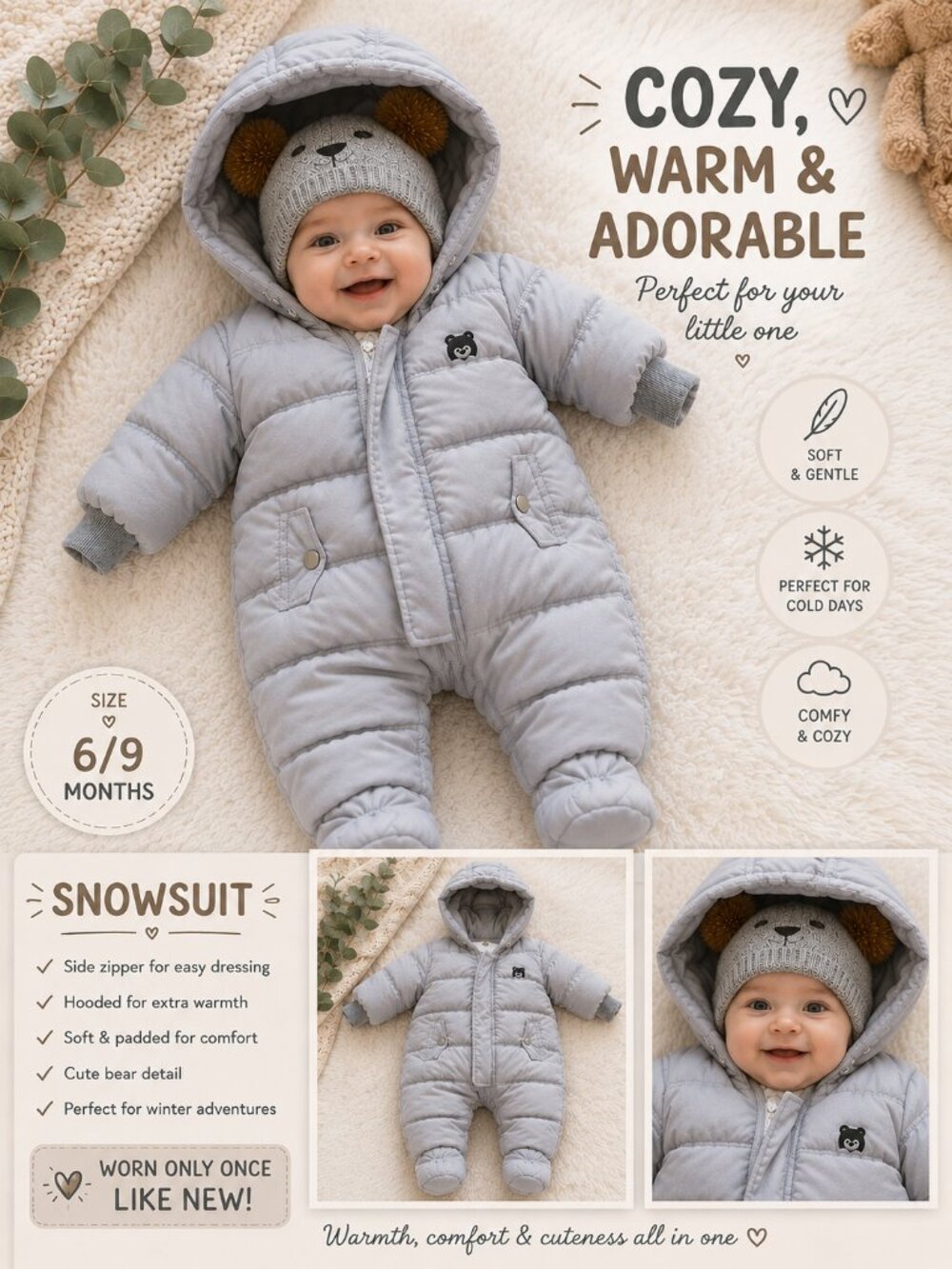 6–9 Month Baby Snowsuit + Matching Hat – Like New